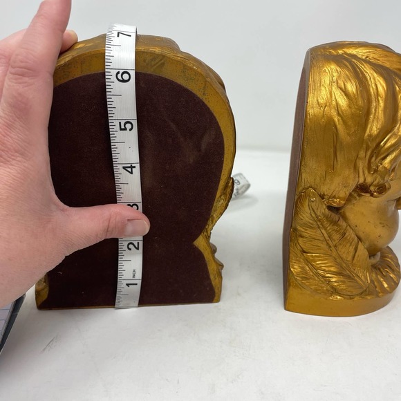 Vintage Gold Child Head Bookends Set Bronze Color Heavy Cherub - Picture 7 of 7